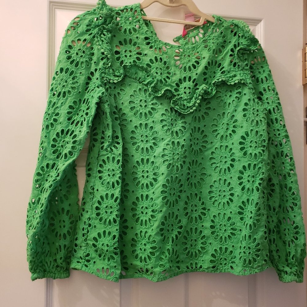 Lilly Pulitzer Caroline Pinwheel Eyelet Green Ruffle Top, Like New, Small
